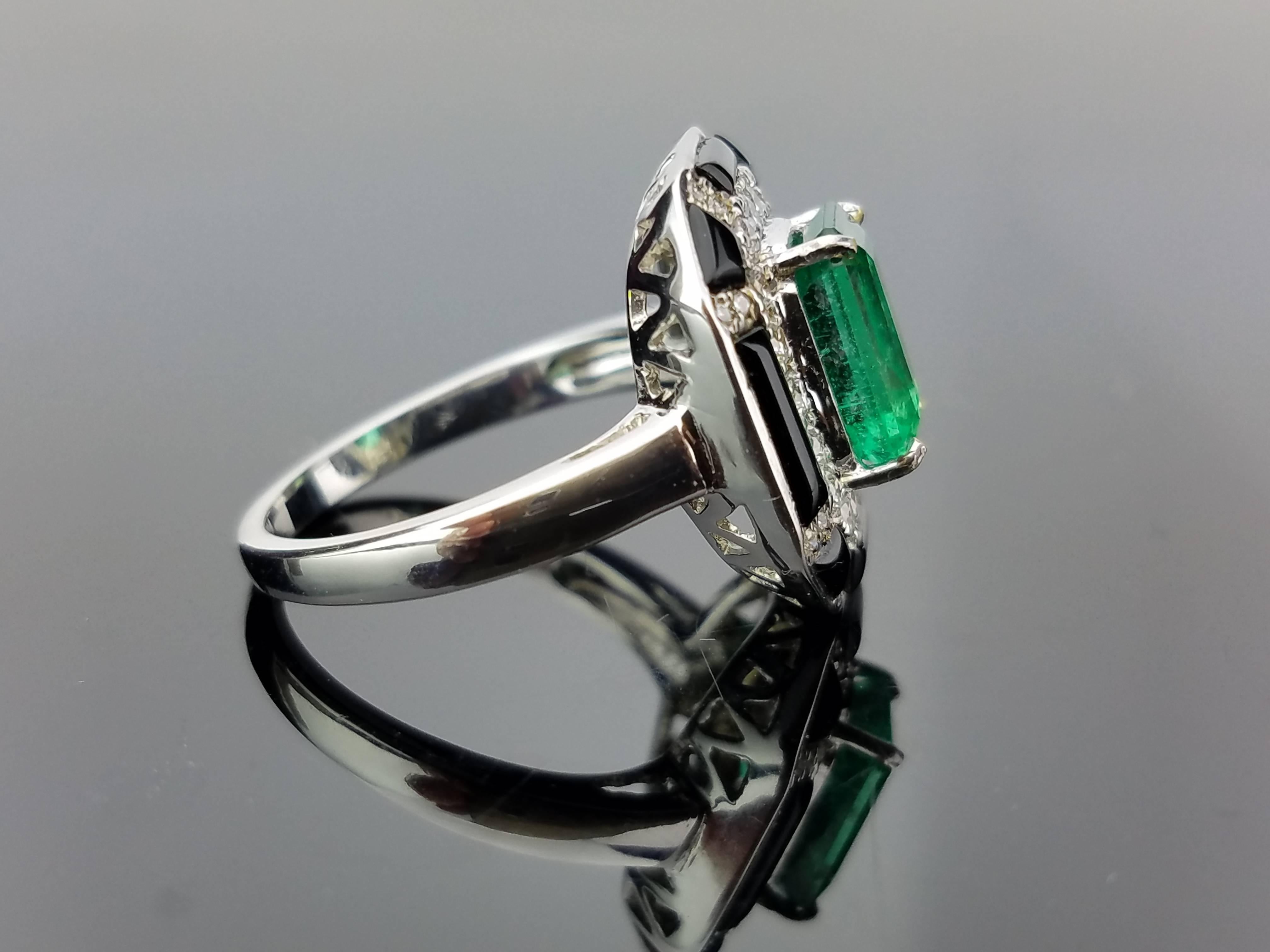 Art Deco 2.29 Carat Emerald, Enamel and Diamond Cocktail Ring