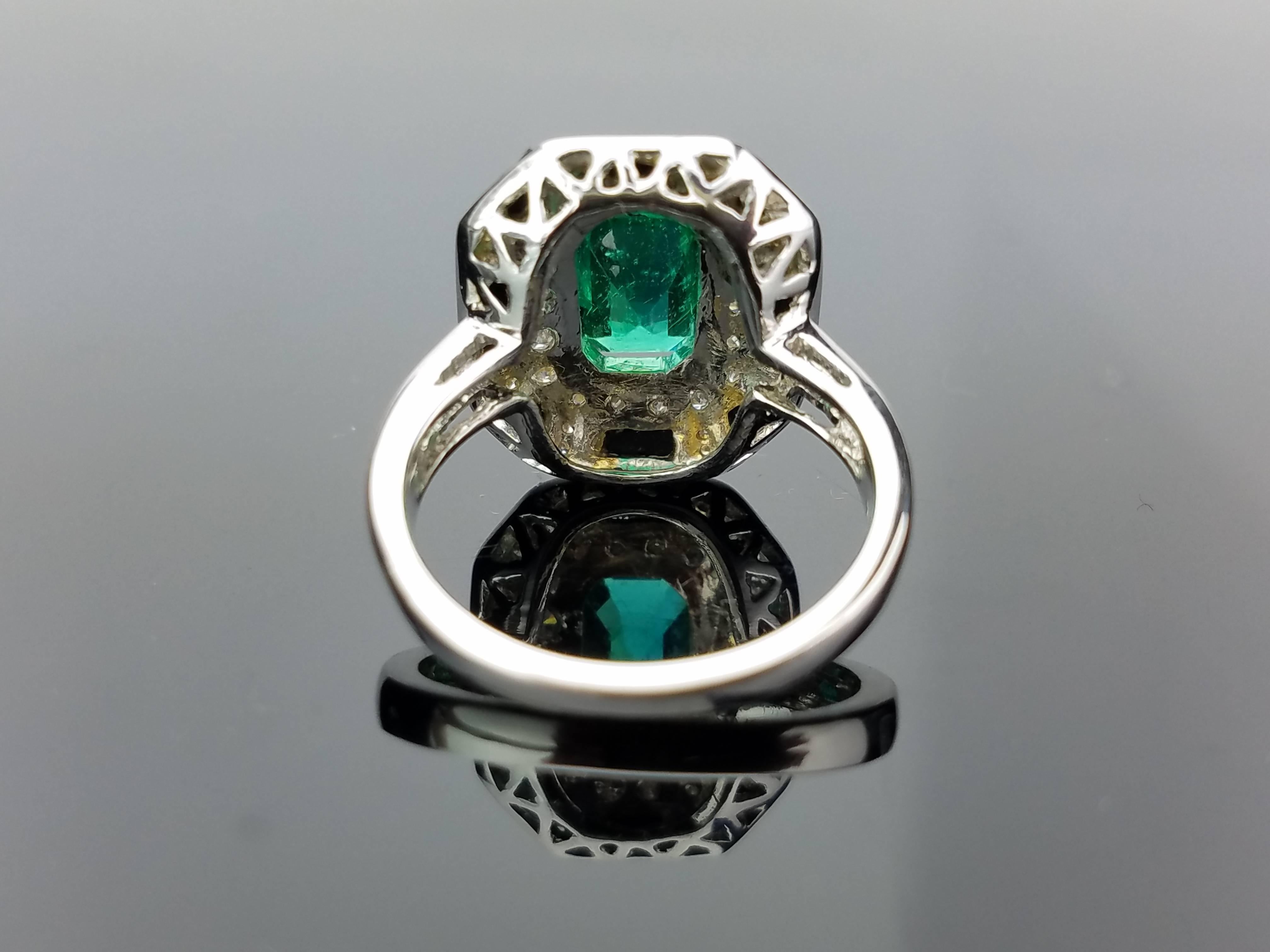 Emerald Cut 2.29 Carat Emerald, Enamel and Diamond Cocktail Ring