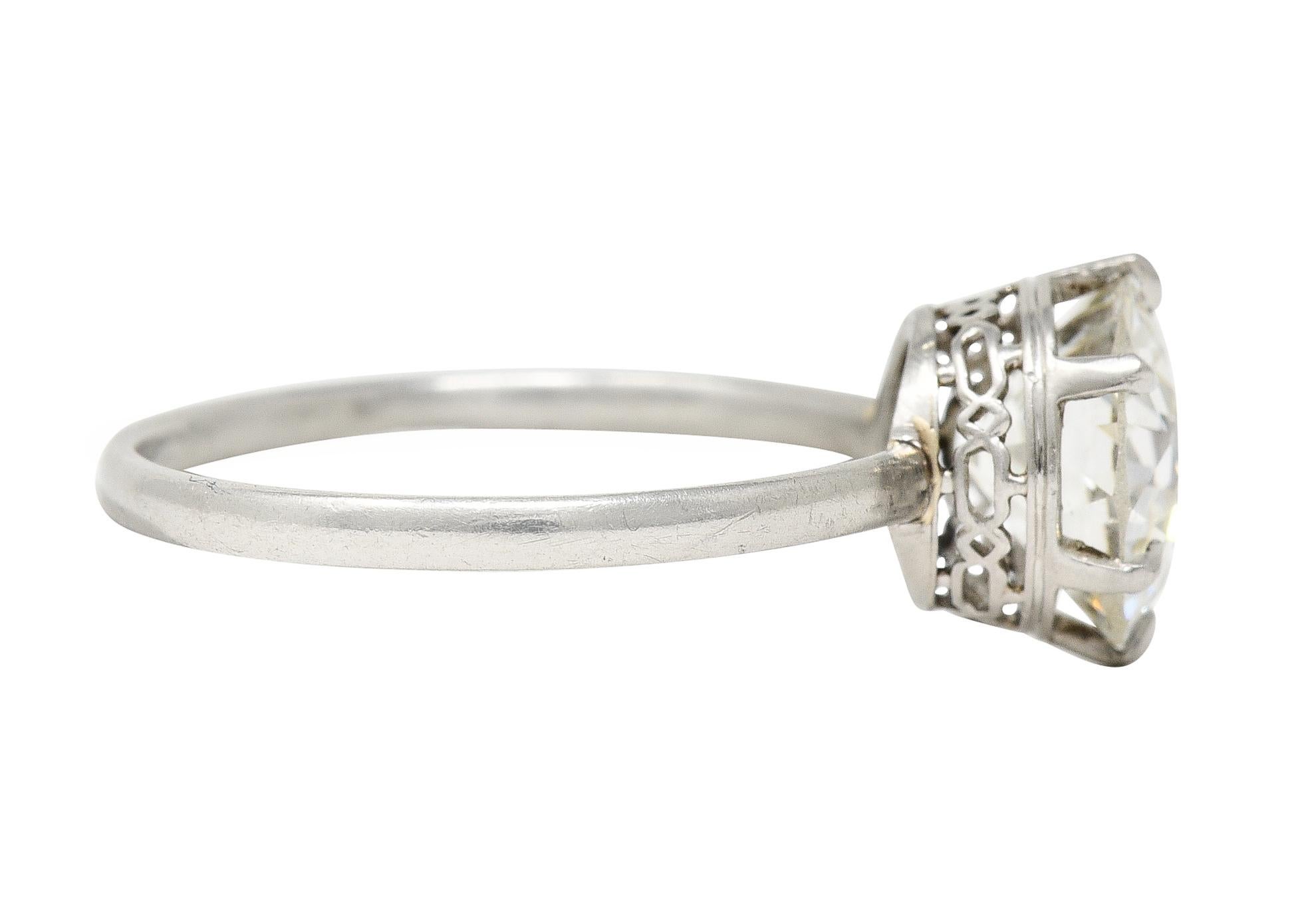 Art Deco 2.29 Carats Old European Cut Diamond Platinum Six Prong Engagement Ring In Excellent Condition For Sale In Philadelphia, PA