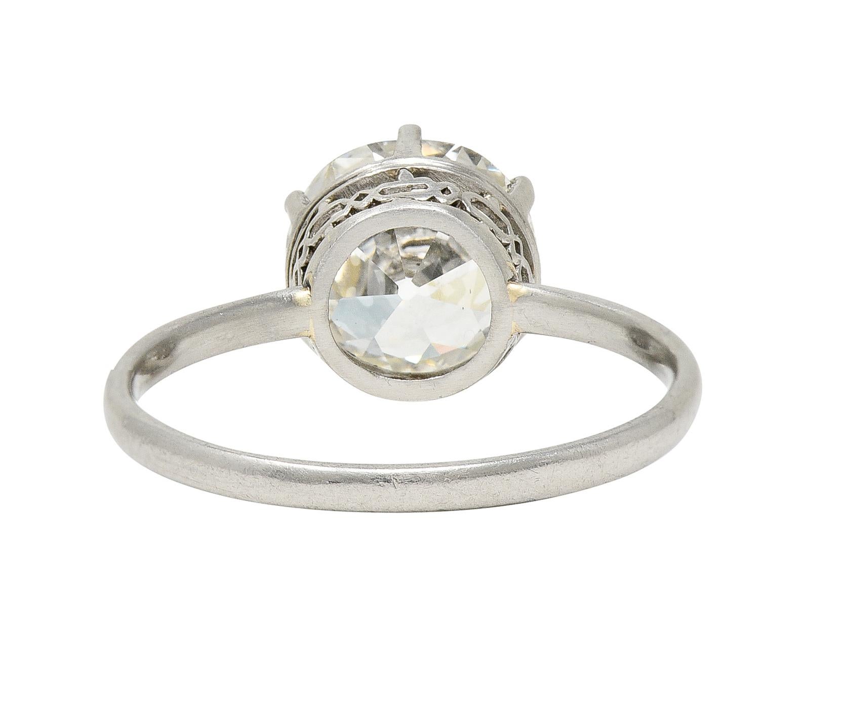 Women's or Men's Art Deco 2.29 Carats Old European Cut Diamond Platinum Six Prong Engagement Ring For Sale