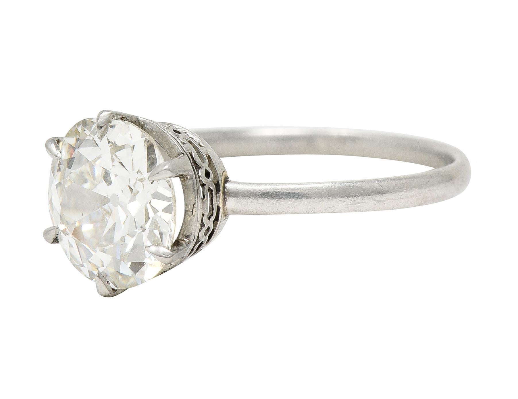 Art Deco 2.29 Carats Old European Cut Diamond Platinum Six Prong Engagement Ring For Sale 2