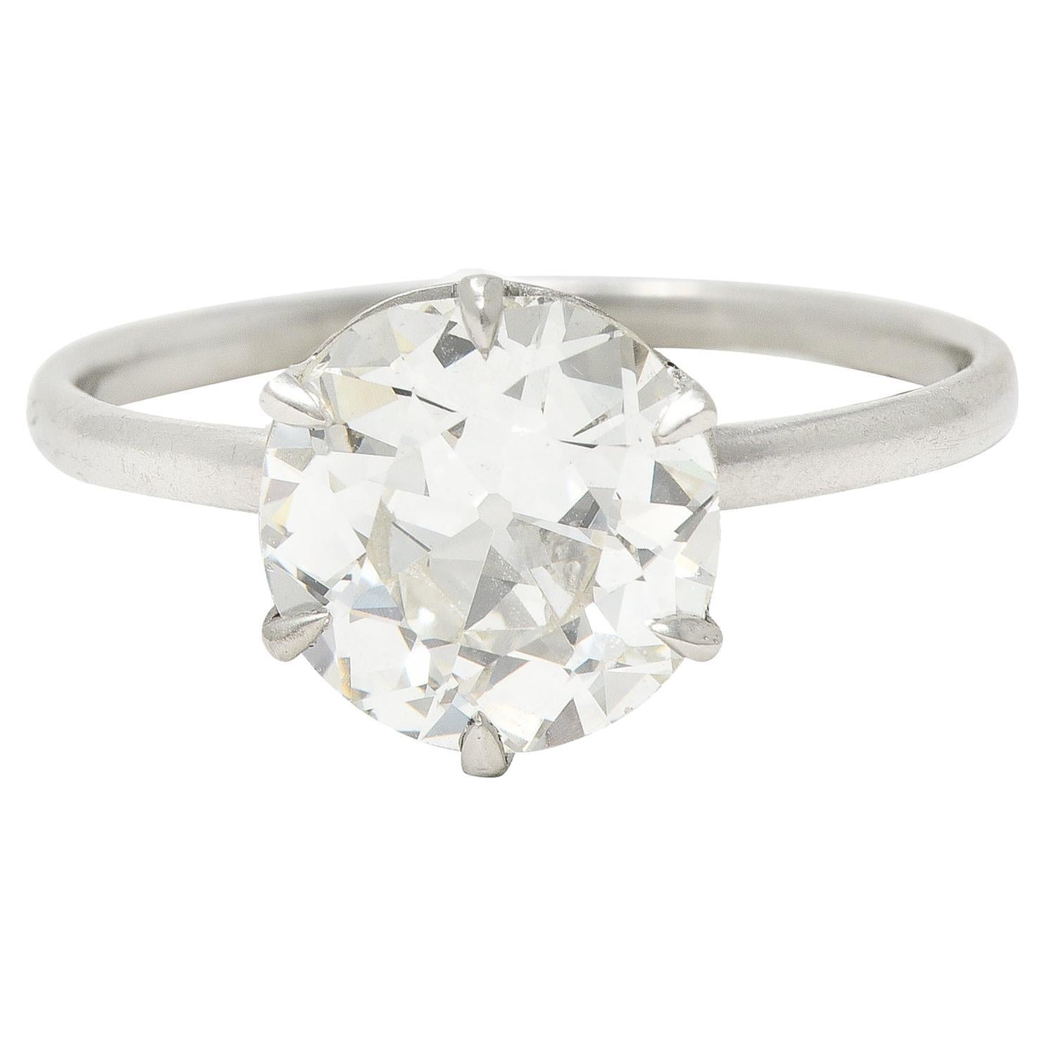 Art Deco 2.29 Carats Old European Cut Diamond Platinum Six Prong Engagement Ring For Sale
