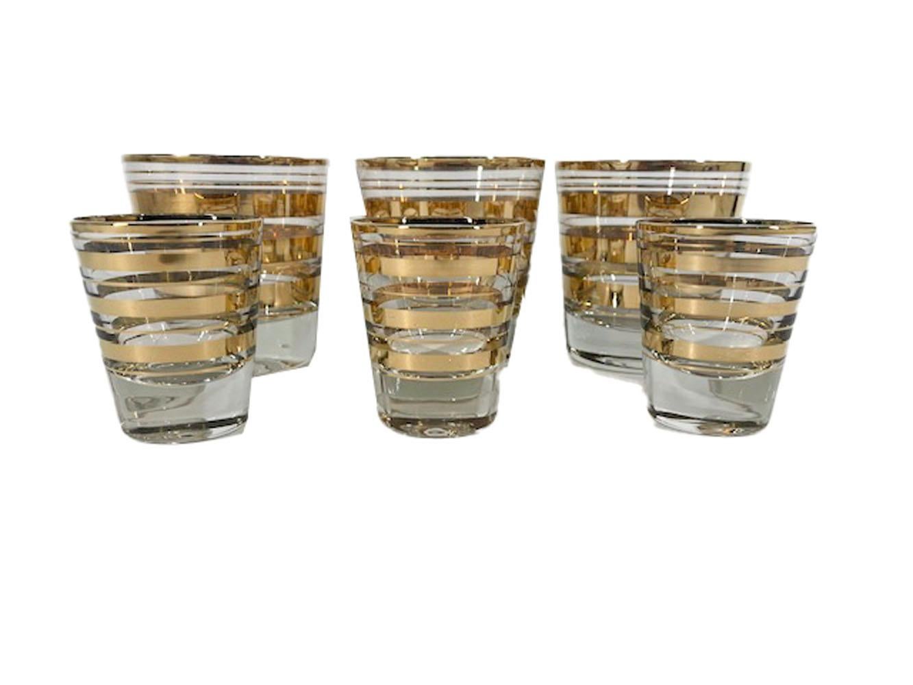 20th Century Art Deco 22k Gold Band Cocktail Glasses, 6 Old Fashioned Glasses, 6 Shot Glasses For Sale