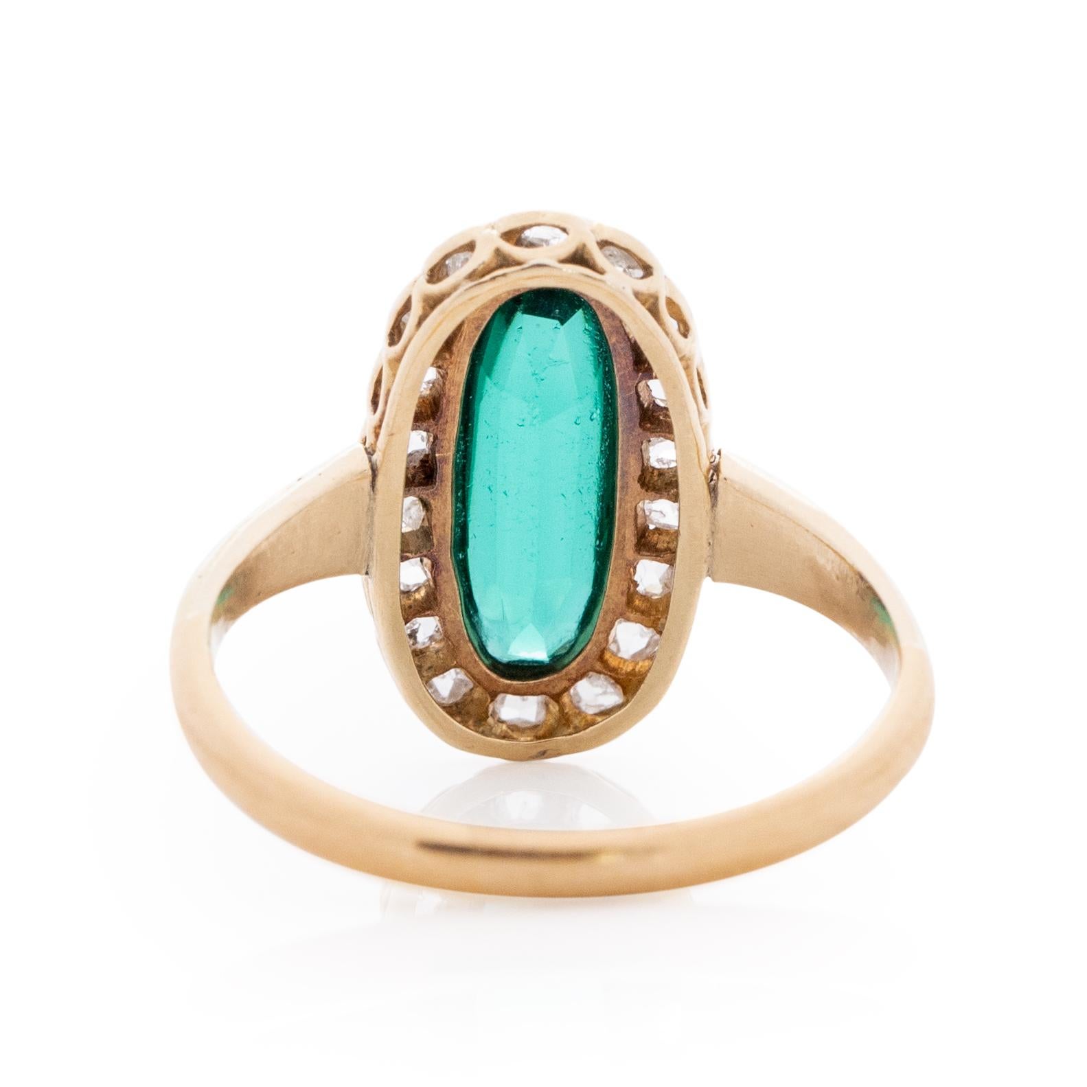 Rose Cut Art Deco 22 Karat Gold Elongated Vibrant Green Gem with a Diamond Halo Ring For Sale