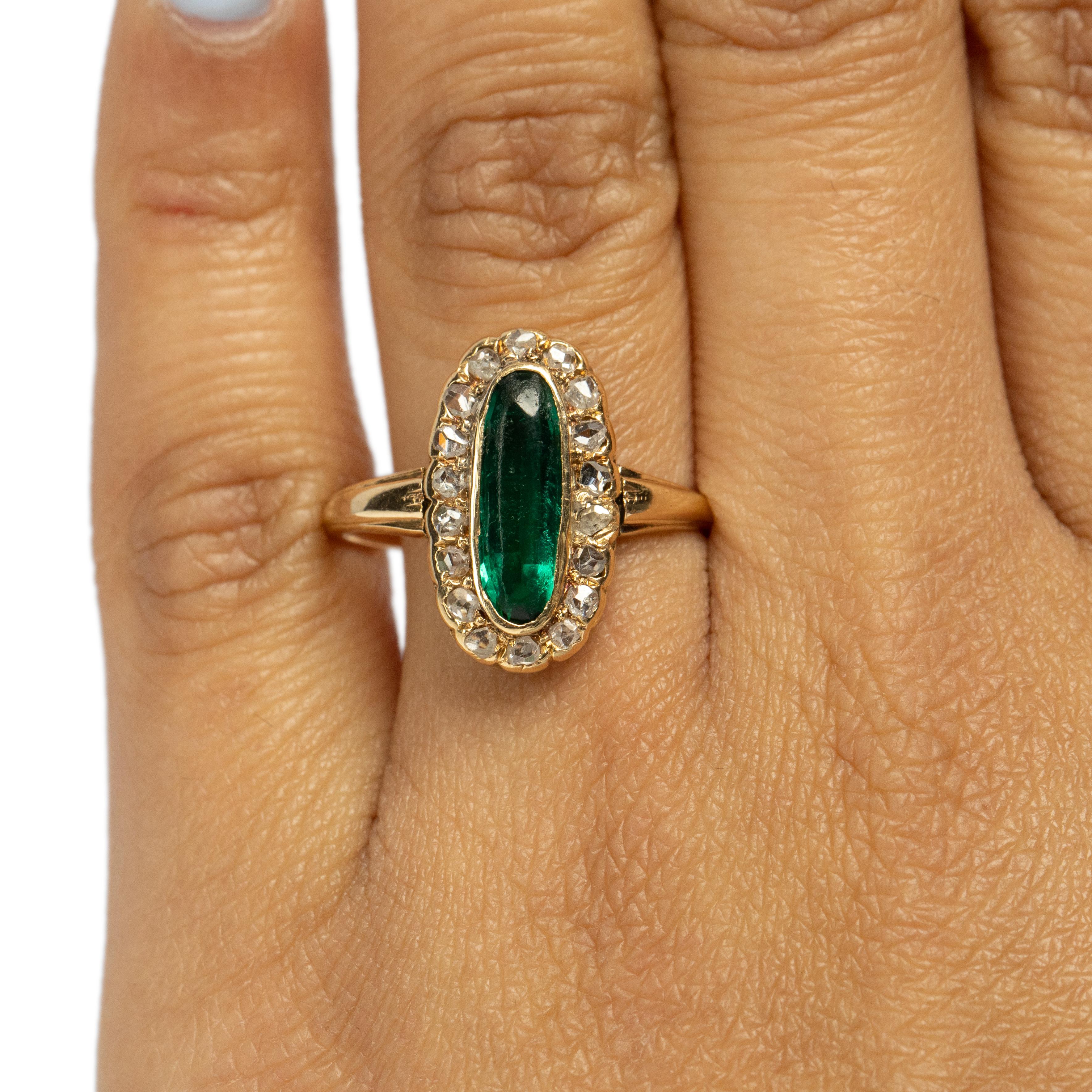 Art Deco 22 Karat Gold Elongated Vibrant Green Gem with a Diamond Halo Ring For Sale 1