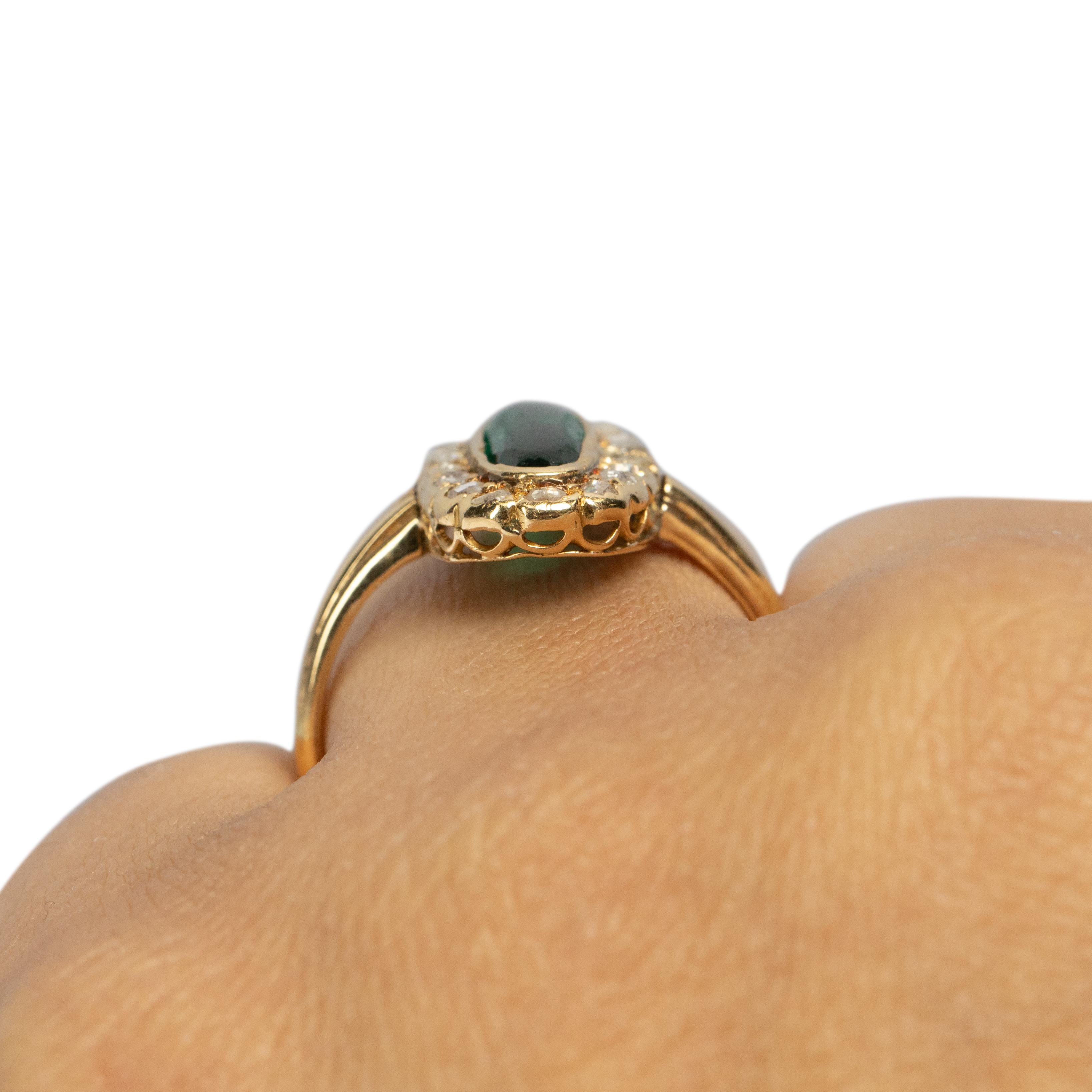 Art Deco 22 Karat Gold Elongated Vibrant Green Gem with a Diamond Halo Ring For Sale 2