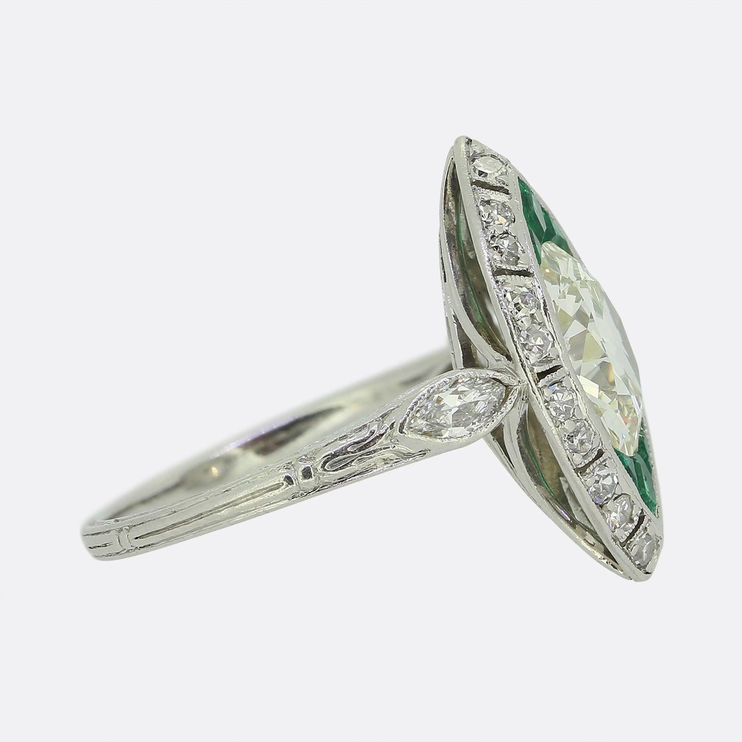 Old European Cut Art Deco 2.30 Carat Diamond and Emerald Navette Ring