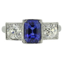 Used Art Deco 2.30 Carat Natural Sapphire and Diamond Three-Stone Ring