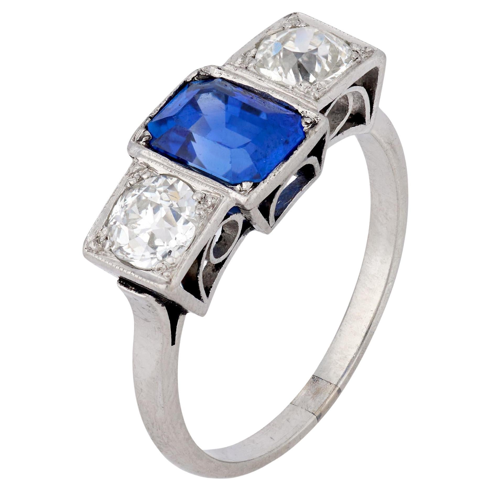 Art Deco 2.30 carat sapphire diamond platinum three stone ring For Sale