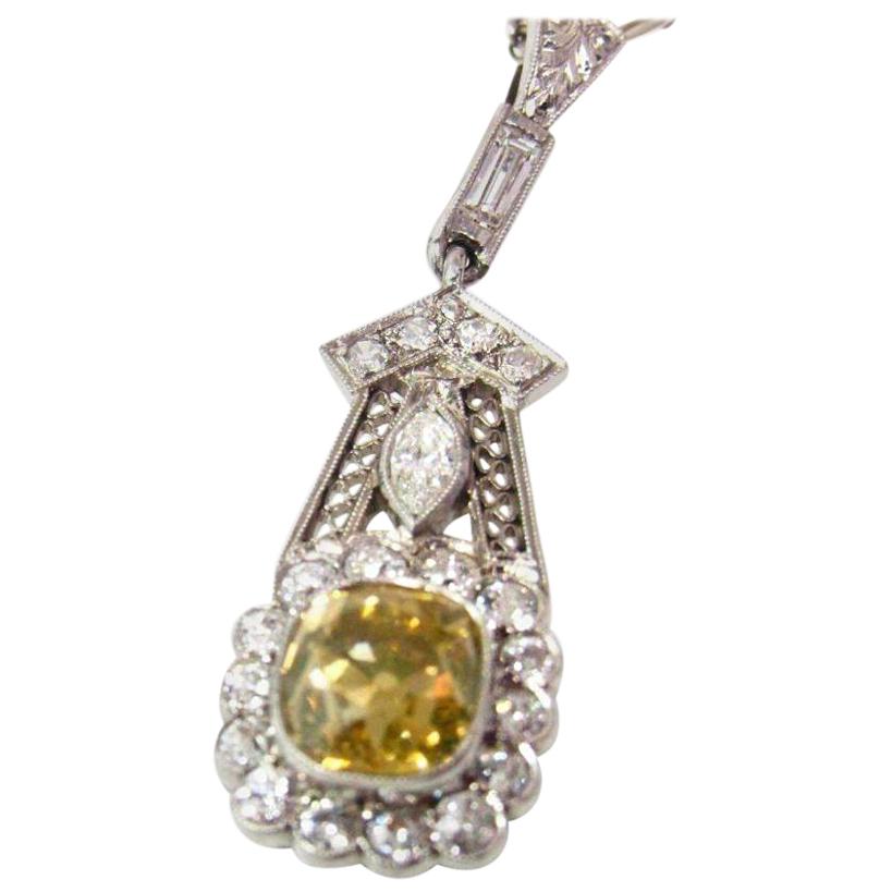 Art Deco 2.30 Carat Yellow and White Diamond Pendant Necklace