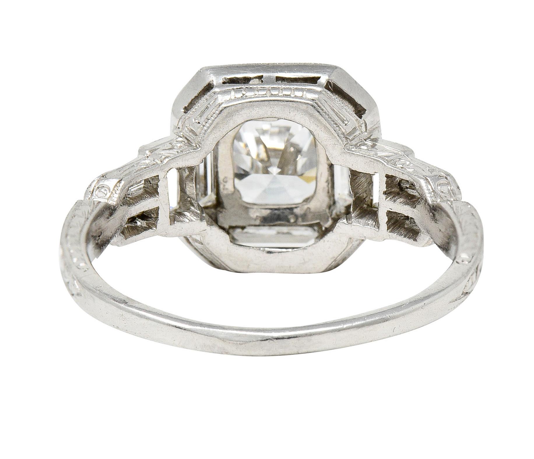 Baguette Cut Art Deco 2.30 Carats Diamond Platinum Octagonal Engagement Ring, Circa 1930