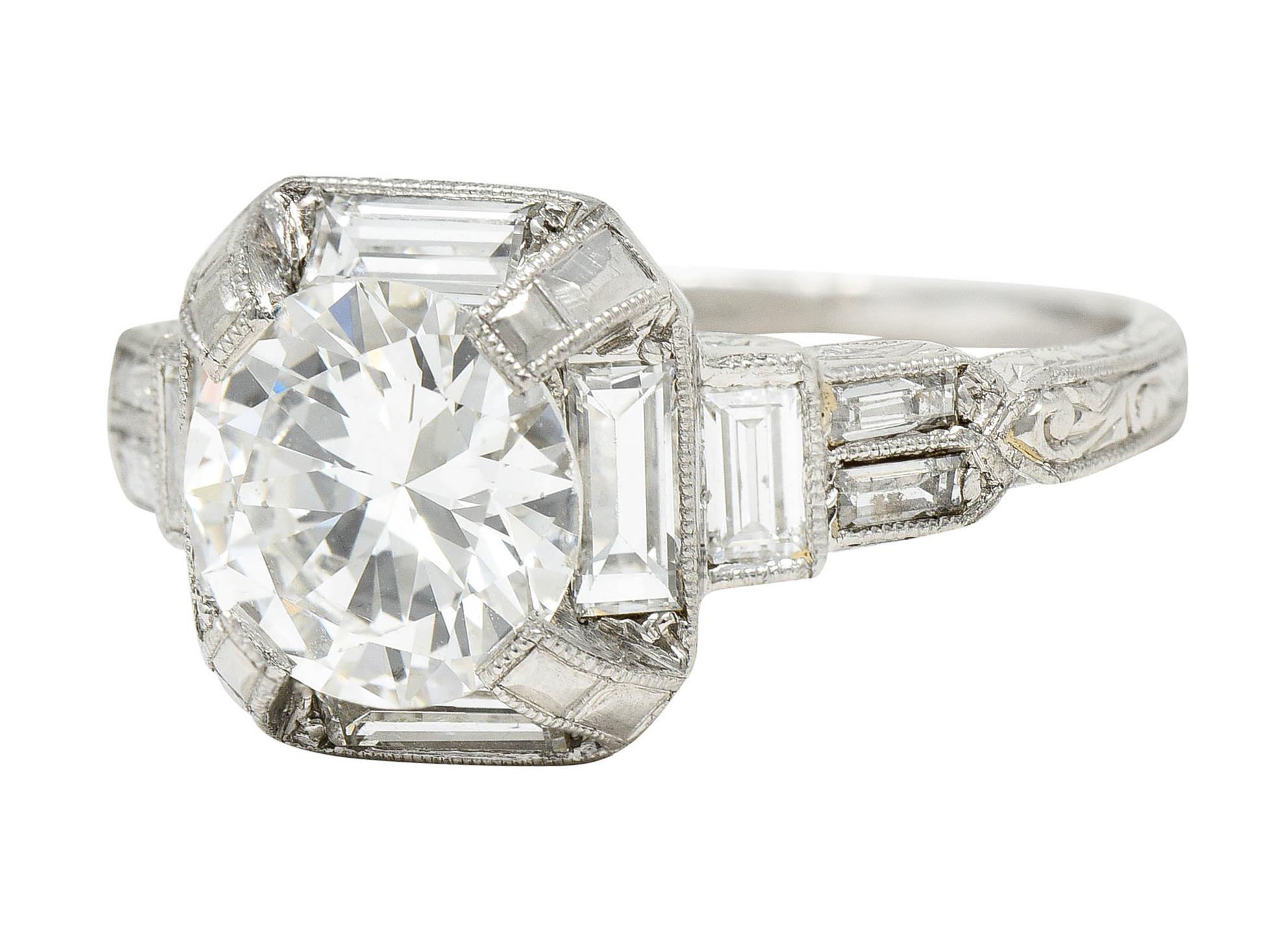 Women's or Men's Art Deco 2.30 Carats Diamond Platinum Octagonal Engagement Ring, Circa 1930