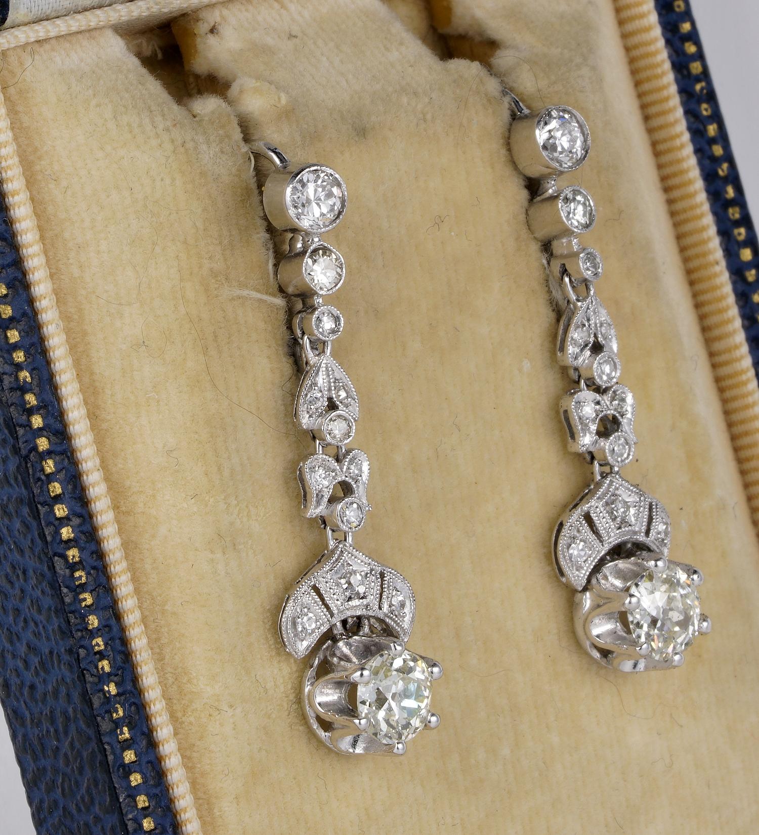 Old European Cut Art Deco 2.30 Ct Diamond Swing Drop Earrings 18Kt/Platinum For Sale