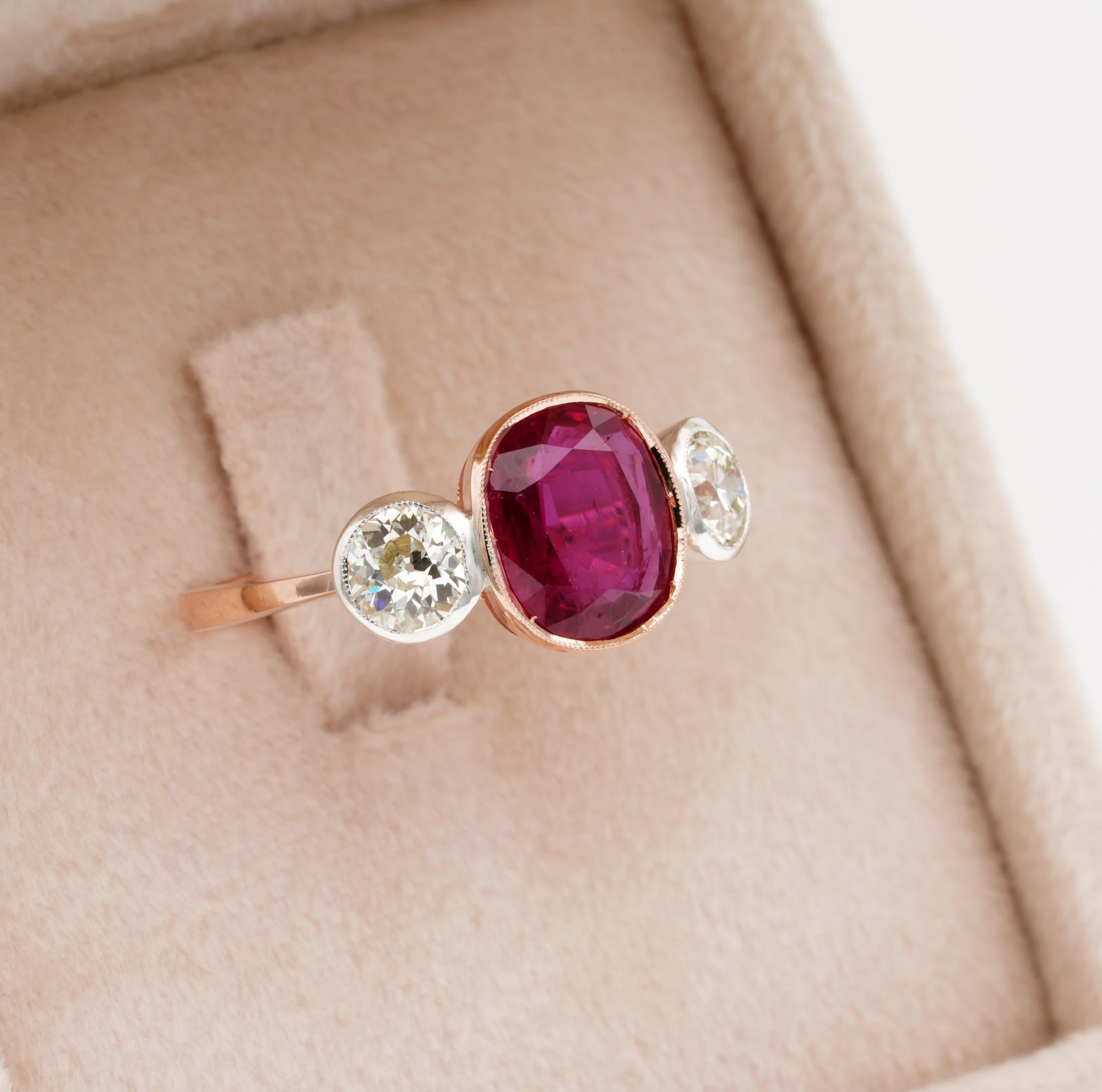 The Gemstone of Romance

An Art Deco Diamond and Ruby three stone ring elegantly crafted of solid 18 KT rose gold
Set to the centre with a beautiful and rare to achieve Natural No Heat Siam Ruby very desirable red colour, vibrant red and large oval