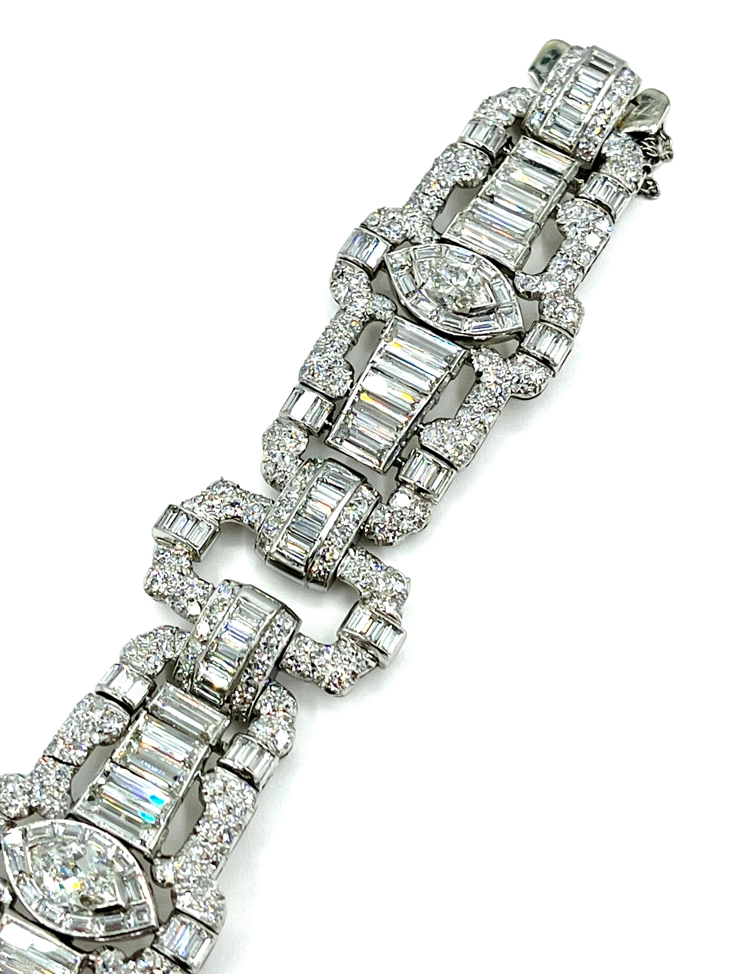 Baguette Cut Art Deco 23.00 Carat Various Shaped Diamond and Platinum Bracelet For Sale