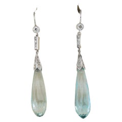 Art Deco 23.00 Ct Natural Aquamarine Diamond Platinum Earrings