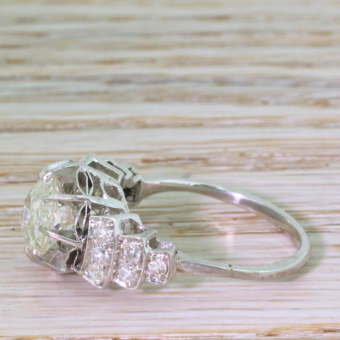 Old Mine Cut Art Deco 2.31 Carat Old Cut Diamond Platinum Engagement Ring For Sale