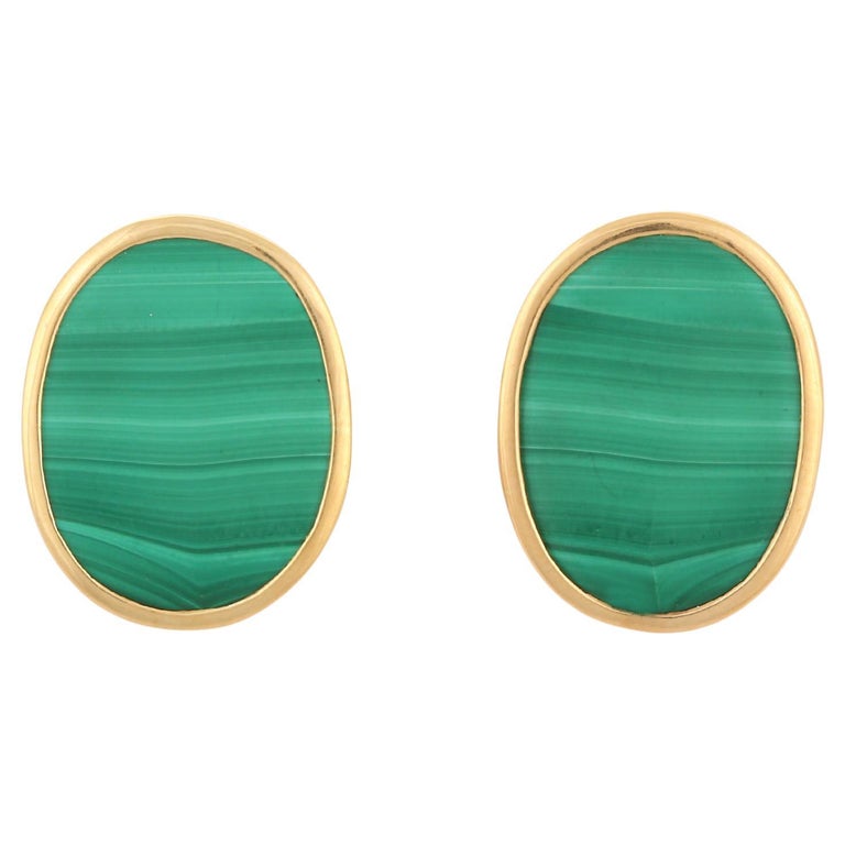 Art Deco Stye 23.1 Ct Malachite Stud Earrings Mounted with 18K Yellow ...