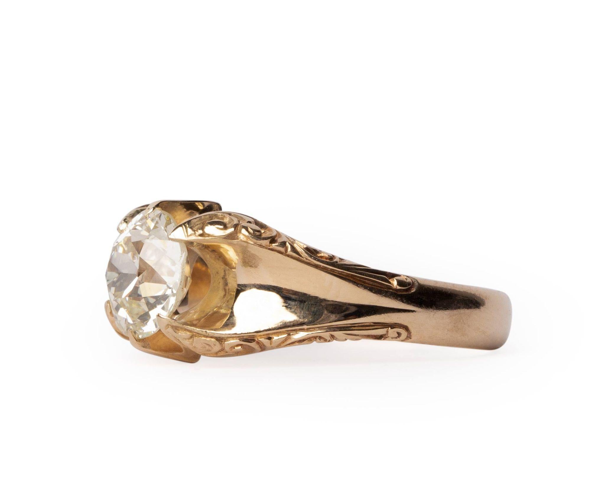 Here we have a beautiful example of a belcher style diamond ring! This 1920's ring features a stunning,  2.32 Carat Old European cut diamond set beautifully in a simple yet elegant yellow gold ring. The beautifully crafted ring is adorn beautiful