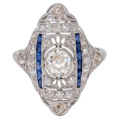 Art Deco 2.33 CTW Diamond Sapphire Platinum Vintage Foliate Navette Dinner Ring