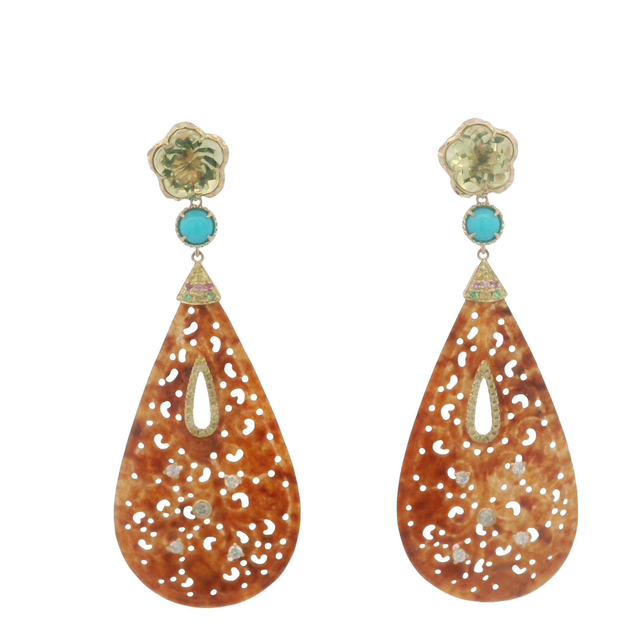 Contemporary Art Deco 23.37Ct Jade lemon quartz & Sapphire Drop Earrings in 14K Yellow Gold For Sale