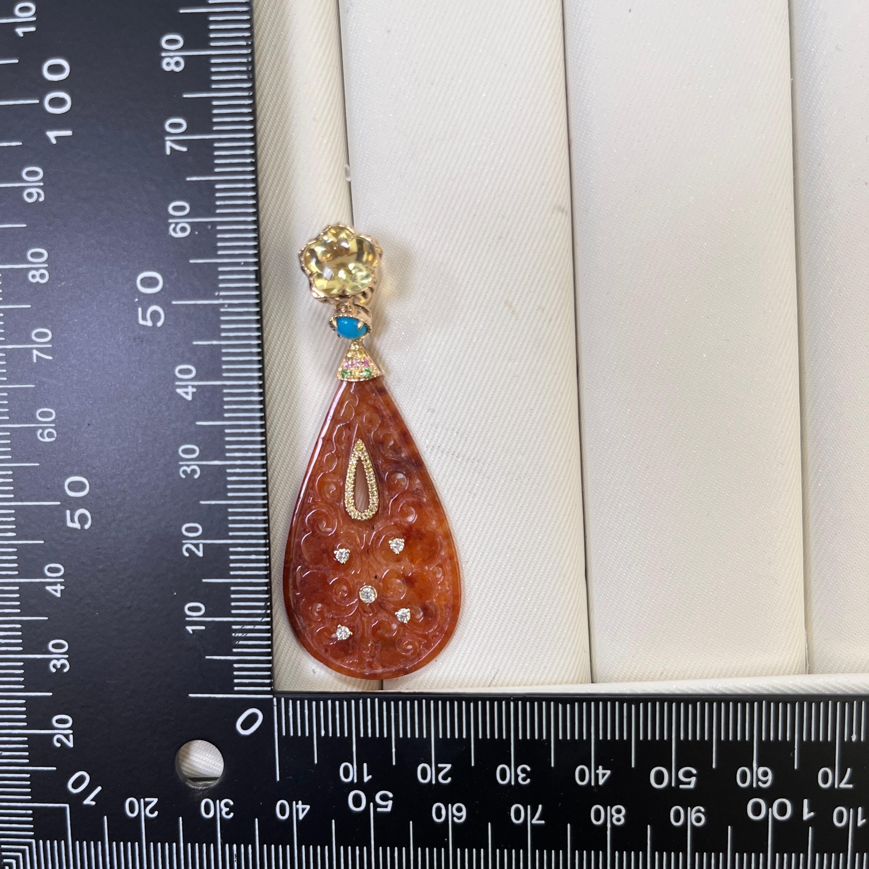 Art Deco 23.37Ct Jade lemon quartz & Sapphire Drop Earrings in 14K Yellow Gold For Sale 1