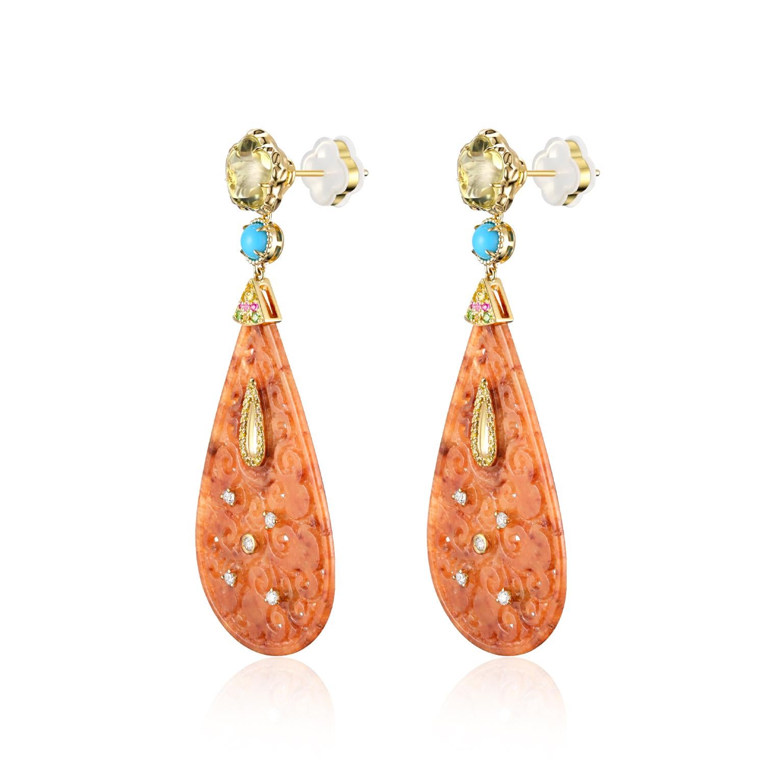 Art Deco 23.37Ct Jade quartz citron & Saphir Boucles d'oreilles pendantes en or jaune 14K en vente 2