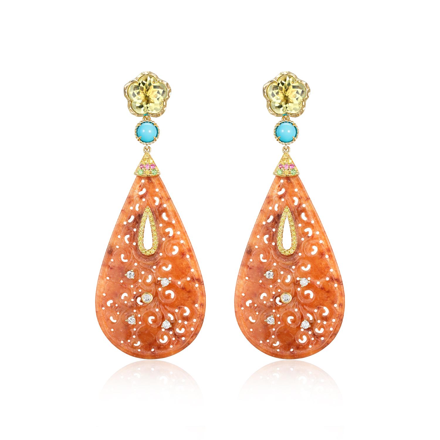 Art Deco 23.37Ct Jade quartz citron & Saphir Boucles d'oreilles pendantes en or jaune 14K en vente 3