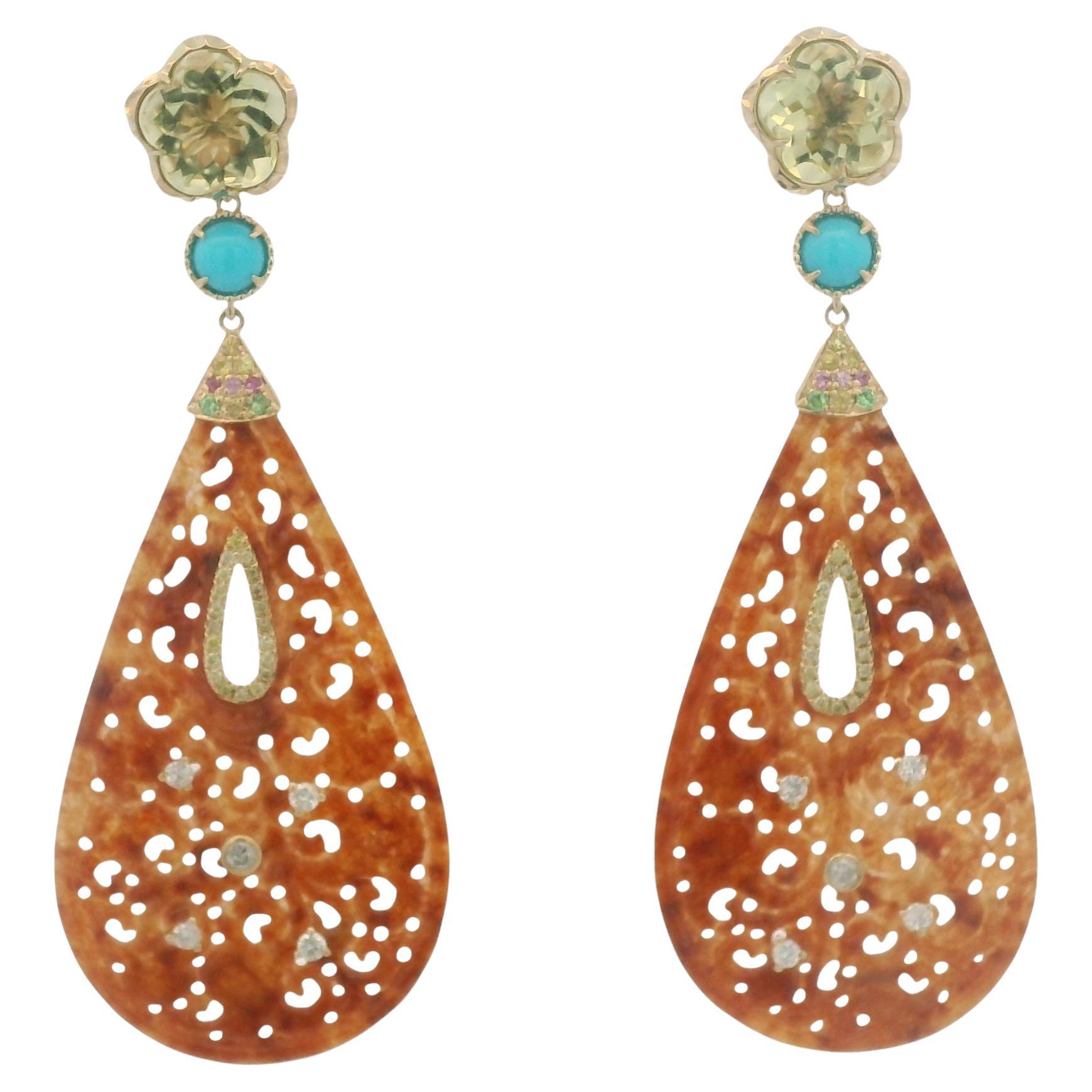 Art Deco 23.37Ct Jade lemon quartz & Sapphire Drop Earrings in 14K Yellow Gold