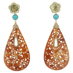 Art Deco 23.37Ct Jade lemon quartz & Sapphire Drop Earrings in 14K Yellow Gold