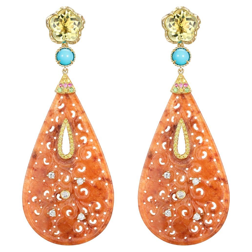 Art Deco 23.37Ct Jade quartz citron & Saphir Boucles d'oreilles pendantes en or jaune 14K en vente