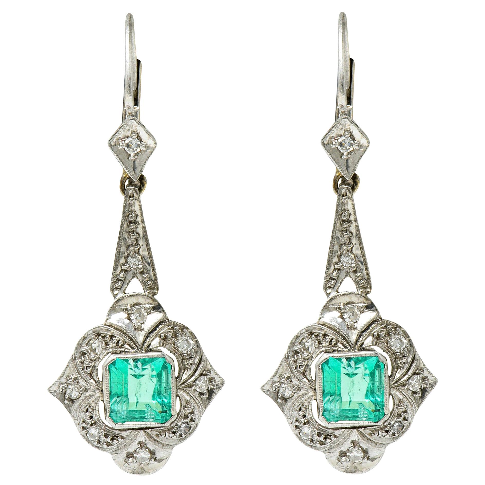 Art Deco 2.34 Carat Emerald Diamond Platinum Drop Earrings
