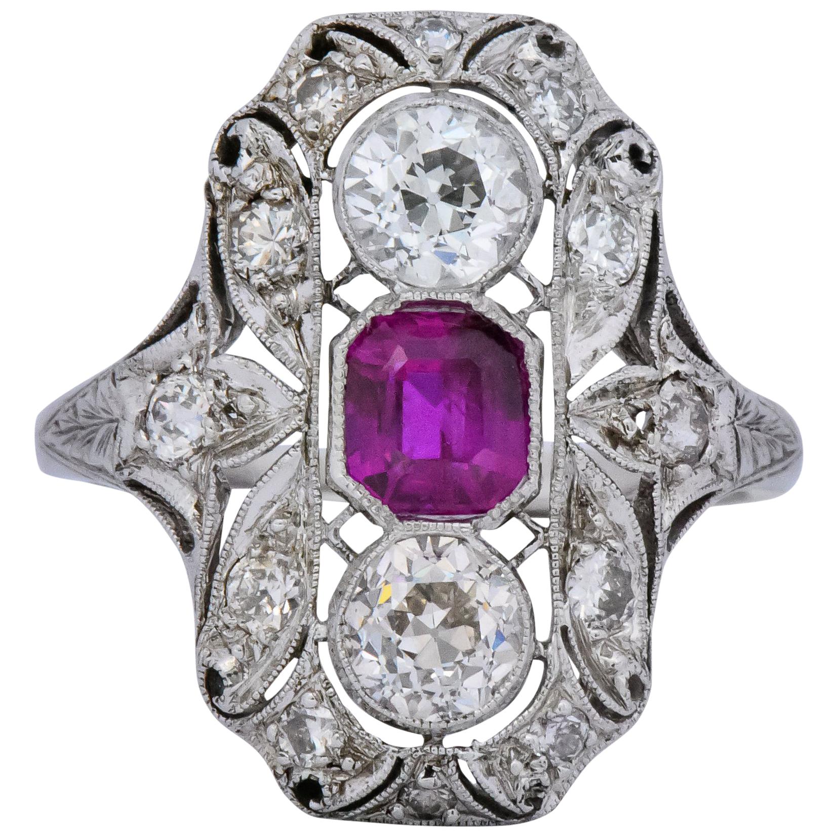 Art Deco 2.34 Carat No Heat Burma Ruby Diamond Platinum Dinner Ring