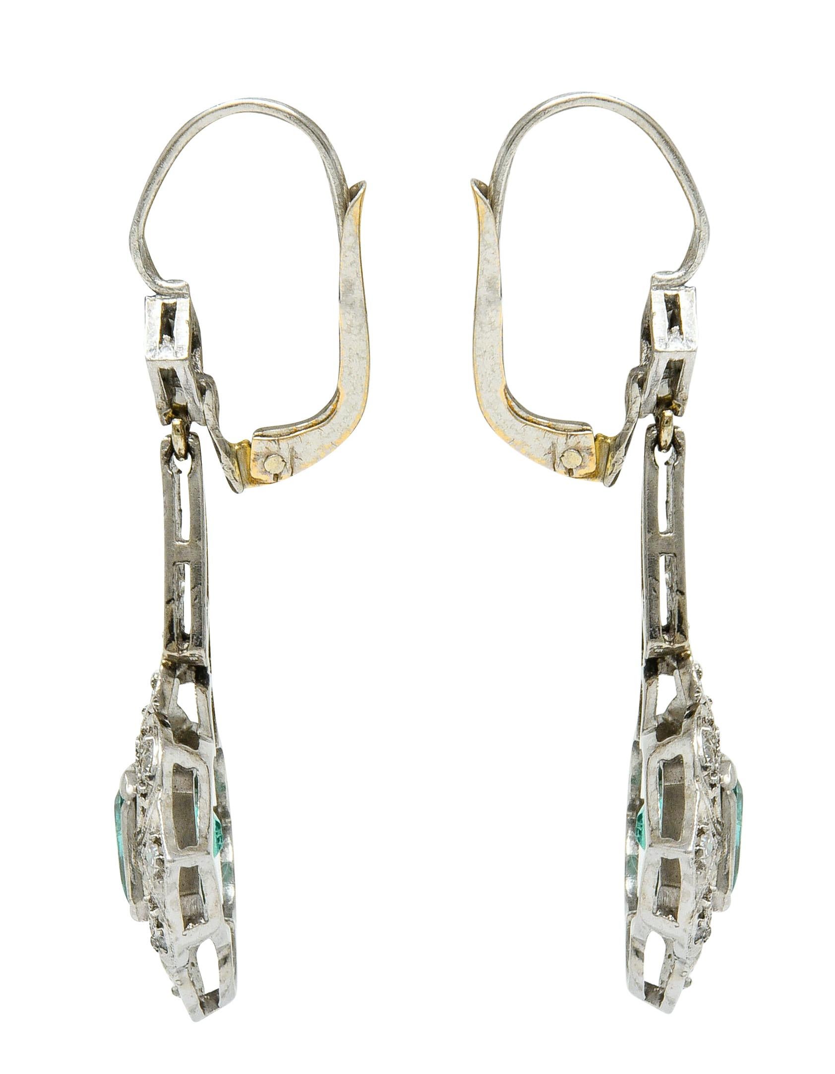 Emerald Cut Art Deco 2.34 Carat Emerald Diamond Platinum Drop Earrings