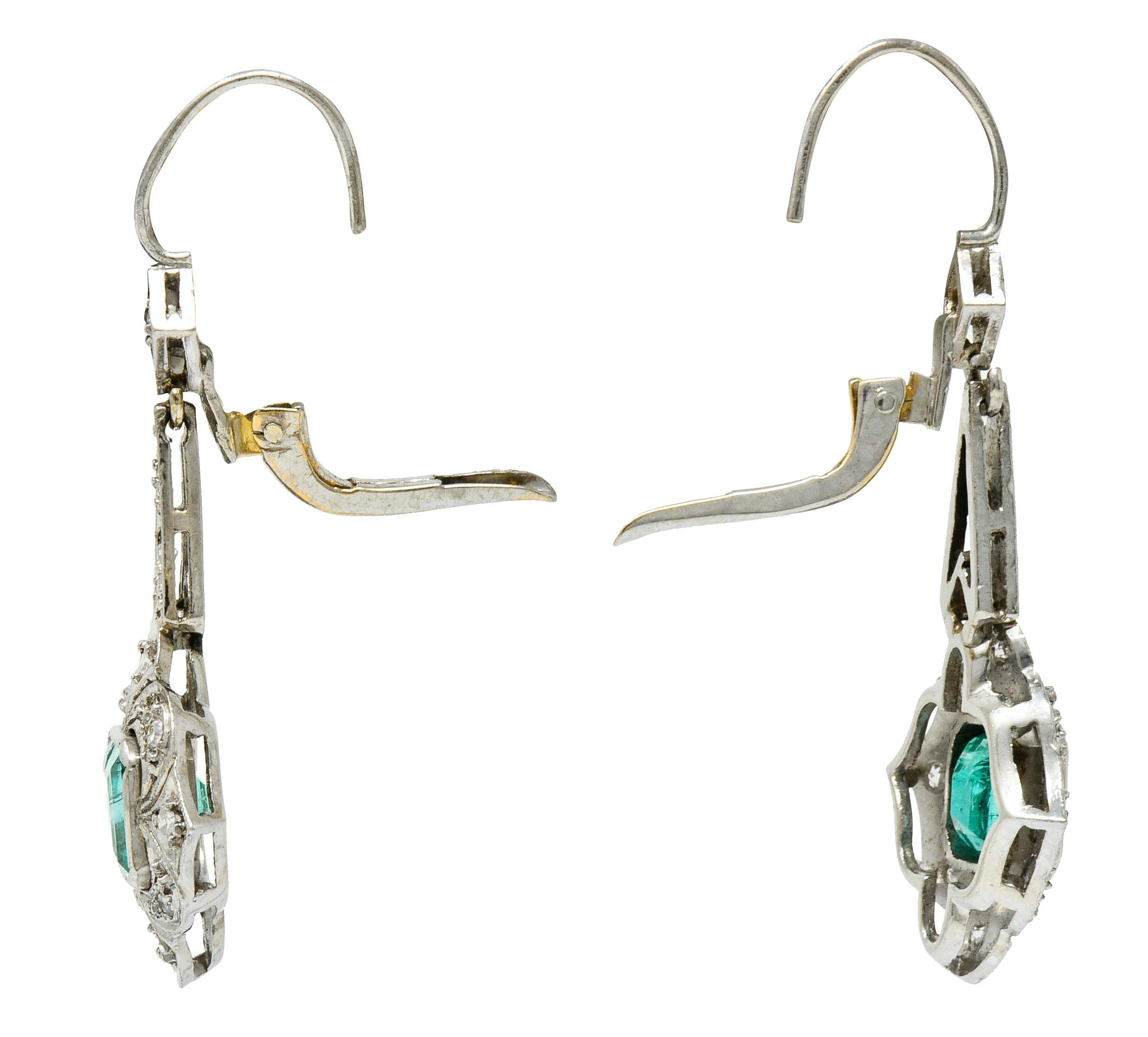 Art Deco 2.34 Carat Emerald Diamond Platinum Drop Earrings In Excellent Condition In Philadelphia, PA