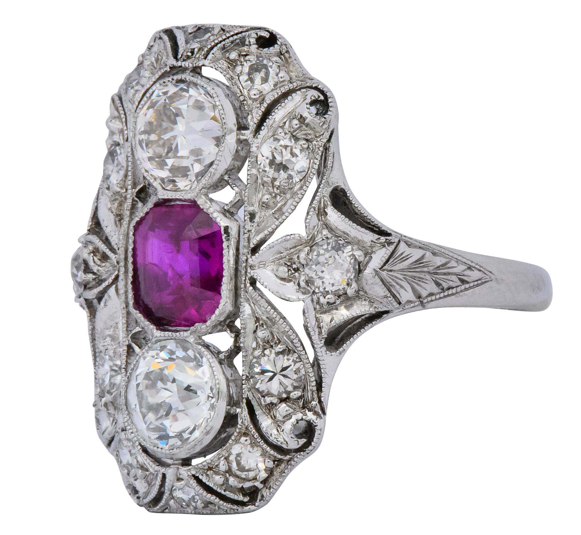 Women's or Men's Art Deco 2.34 Carat No Heat Burma Ruby Diamond Platinum Dinner Ring