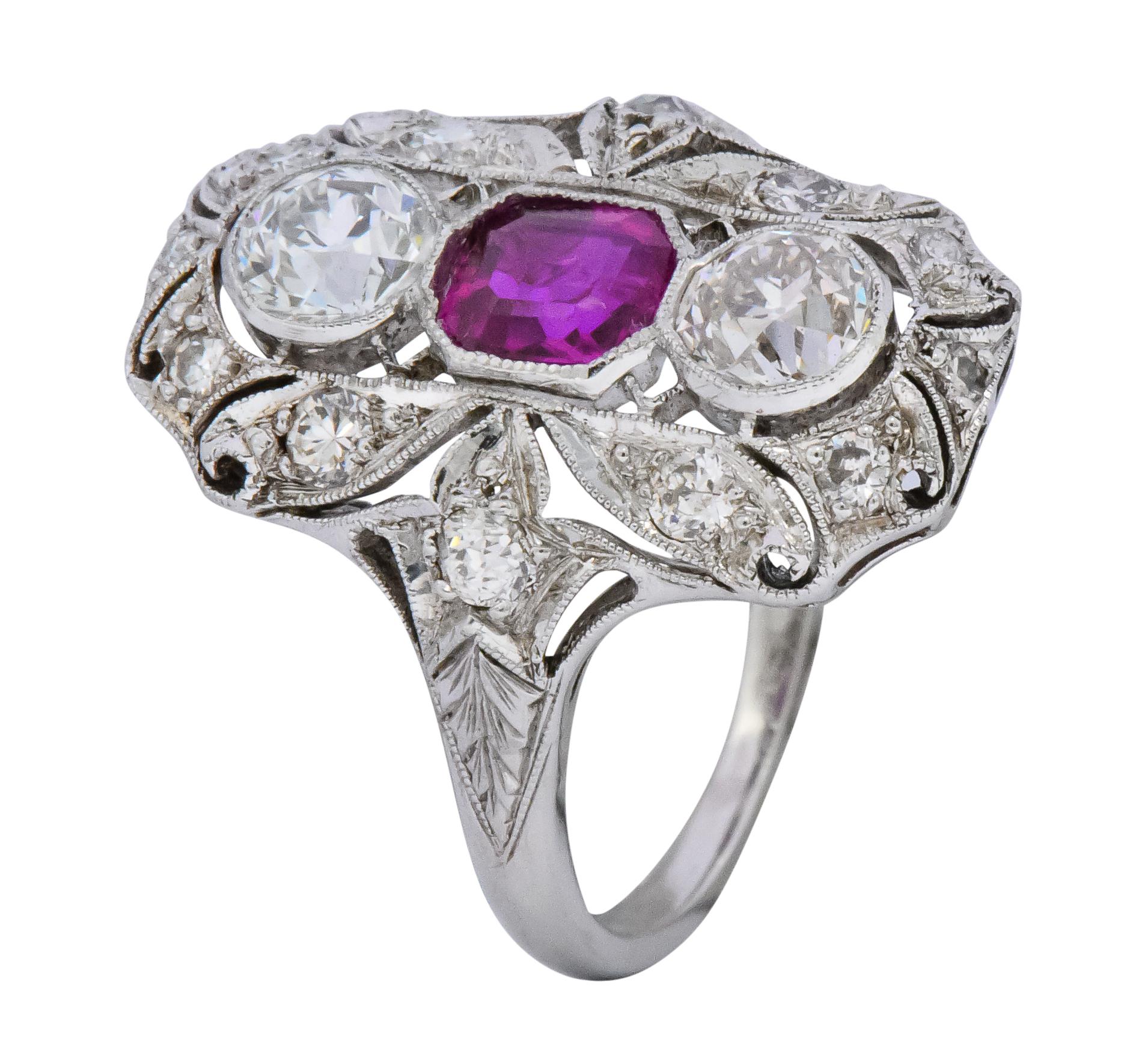 Art Deco 2.34 Carat No Heat Burma Ruby Diamond Platinum Dinner Ring 2