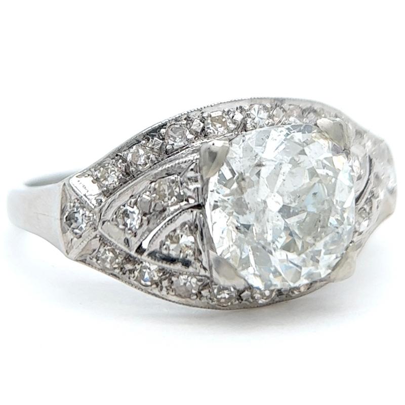 Women's or Men's Art Deco 2.34 Carats Old Mine Cut Diamond Platinum Filigree Ring