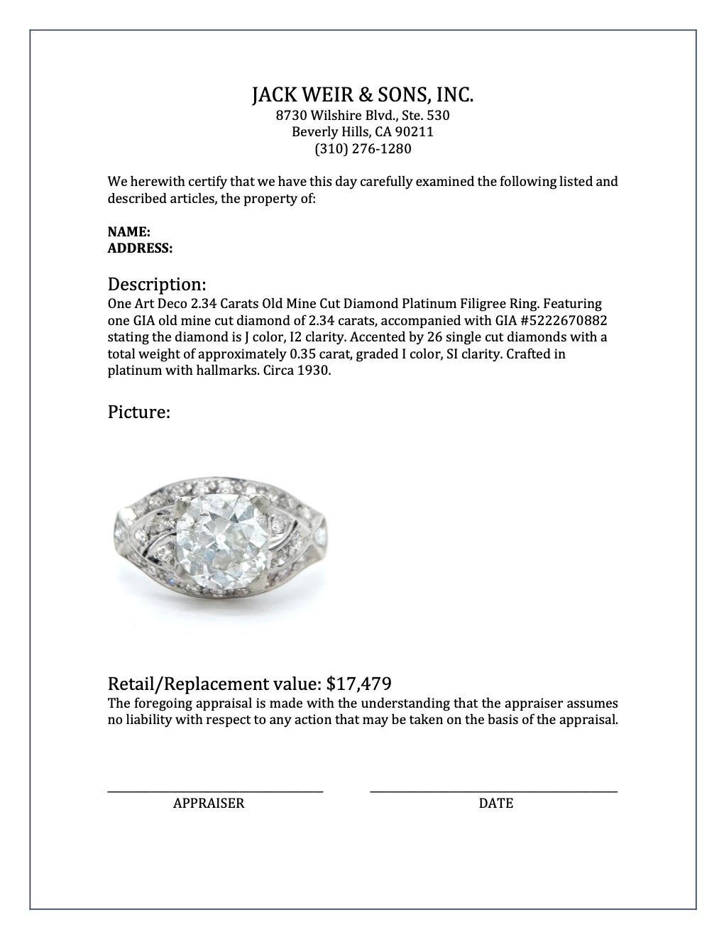 Art Deco 2.34 Carats Old Mine Cut Diamond Platinum Filigree Ring 3