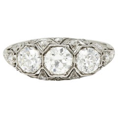 Art Deco 2.34 CTW Diamond Platinum Three Stone Tulip Vintage Ring