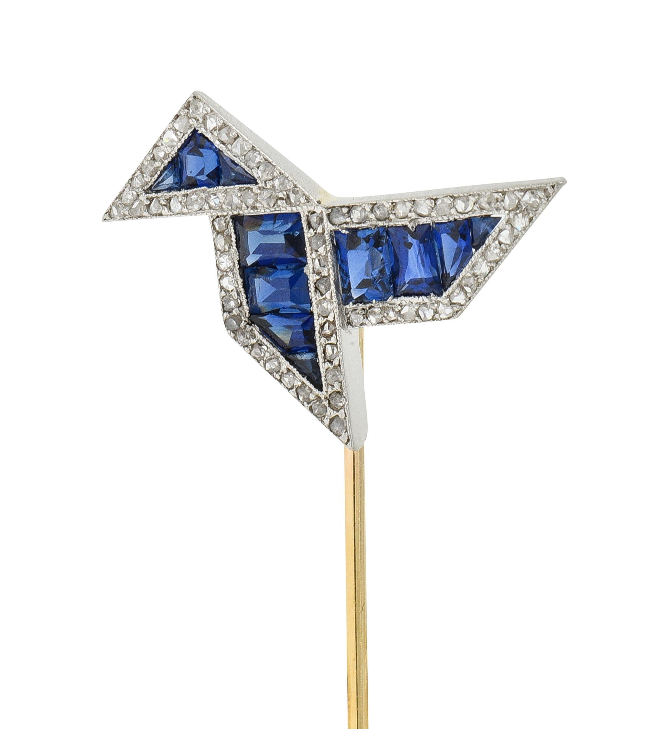Art Deco 2.34 CTW Sapphire Diamond Platinum 14 Karat Gold Origami Bird Stickpin For Sale 3