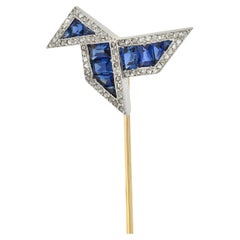 Vintage Art Deco 2.34 CTW Sapphire Diamond Platinum 14 Karat Gold Origami Bird Stickpin