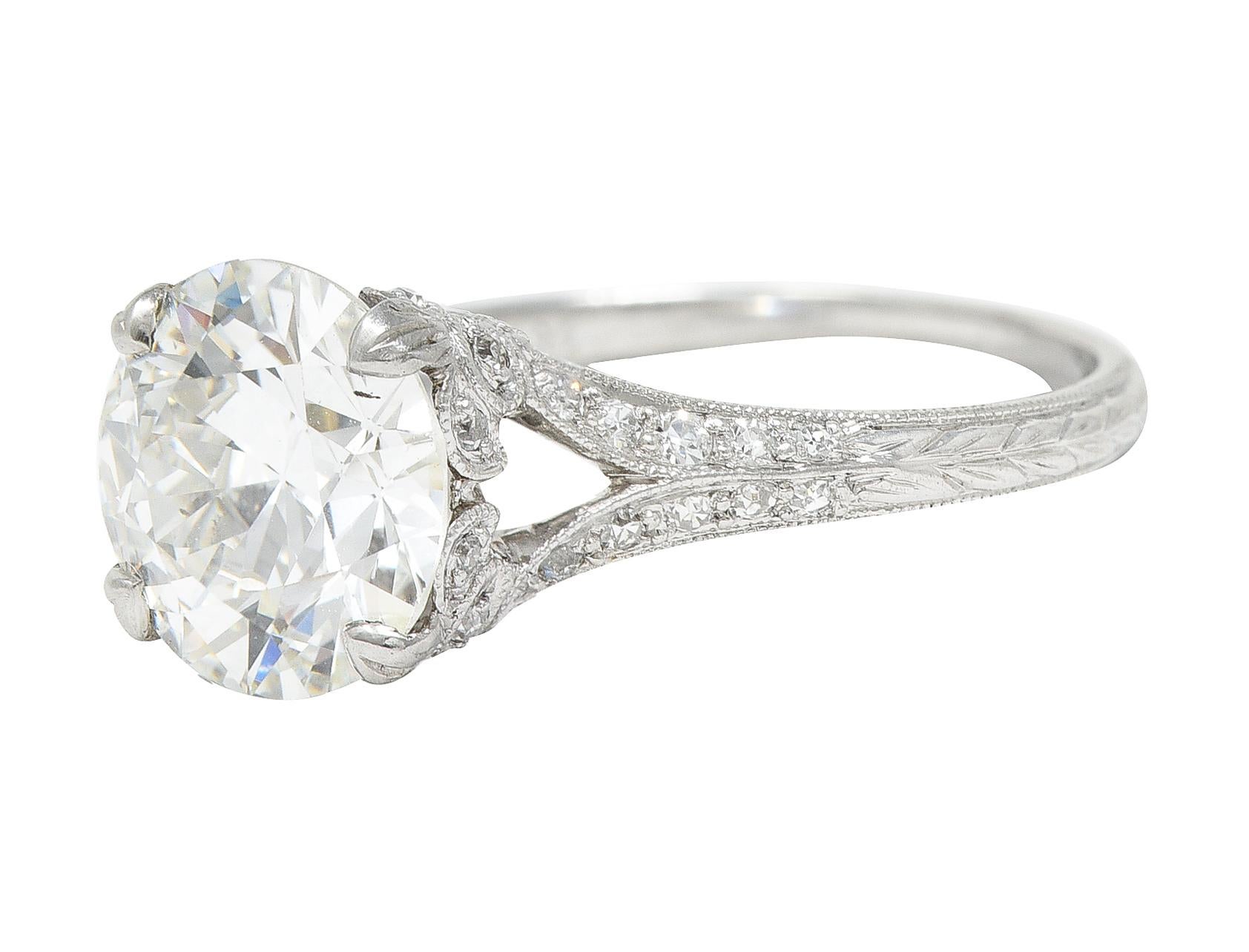Old European Cut Art Deco 2.35 Carats Diamond Platinum Fleur-De-Lis Engagement Ring GIA