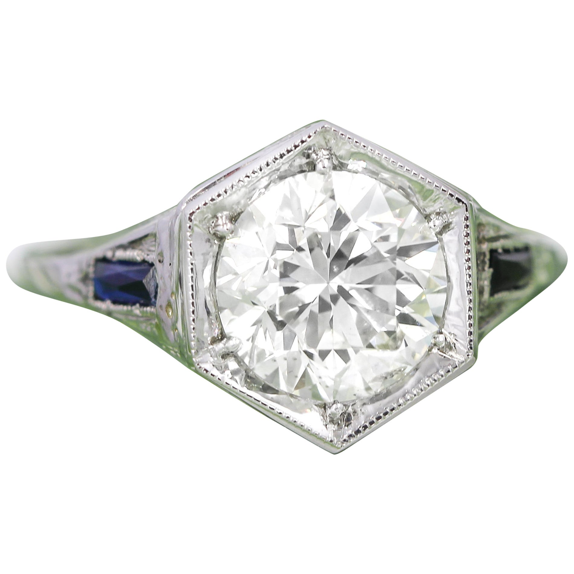 Anillo de compromiso Art Decó de oro blanco de 18 quilates con 2,35 quilates de diamantes naturales talla europea antigua