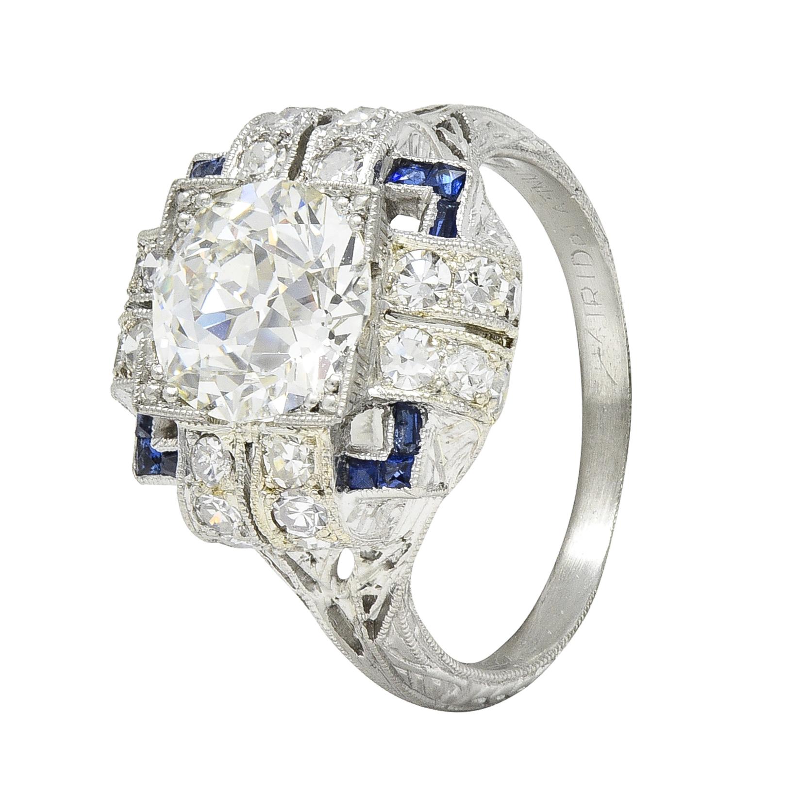 Art Deco 2.35 CTW Diamond Sapphire Platinum Foliate Quatrefoil Engagement Ring For Sale 5