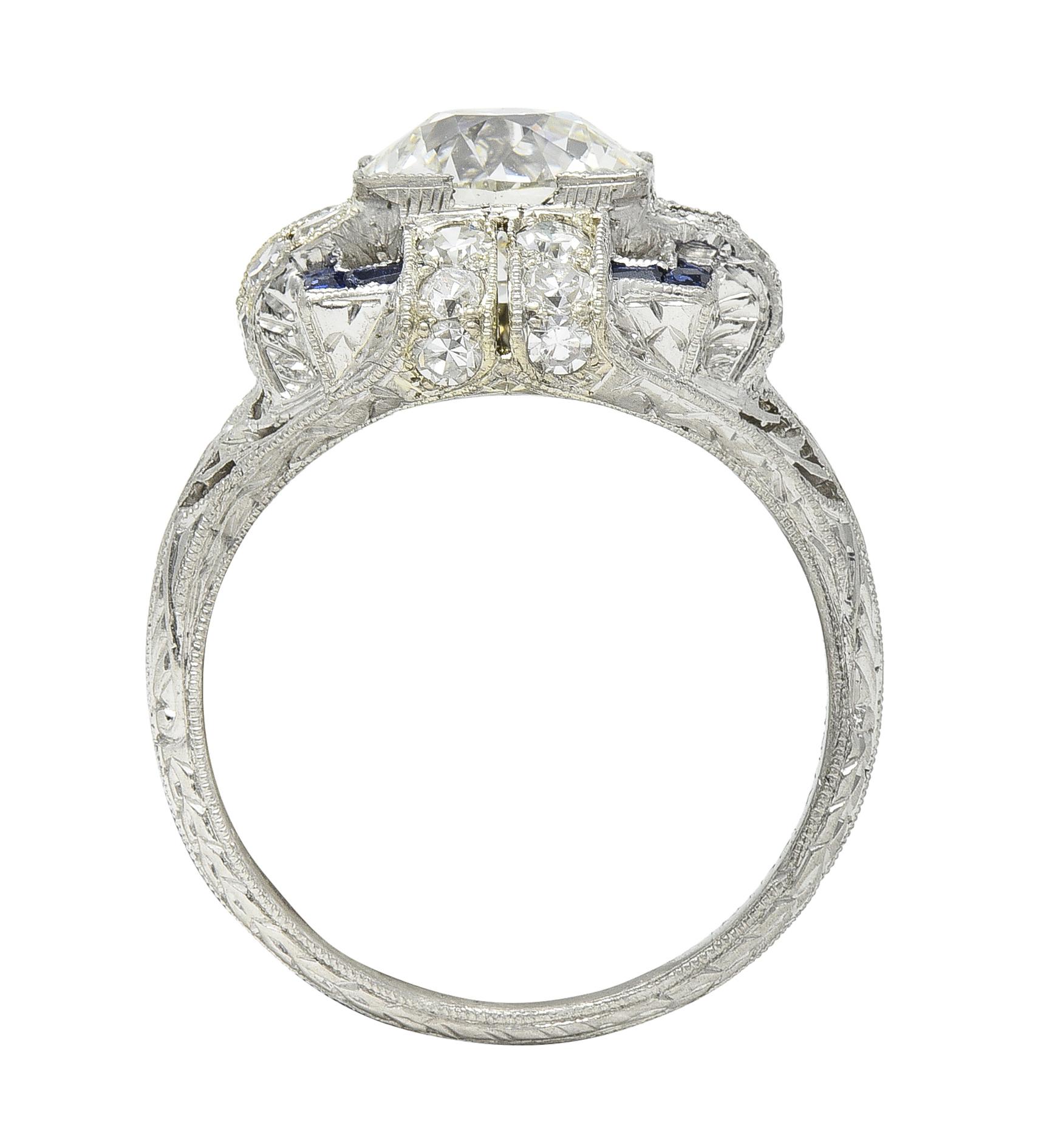 Art Deco 2.35 CTW Diamond Sapphire Platinum Foliate Quatrefoil Engagement Ring For Sale 6