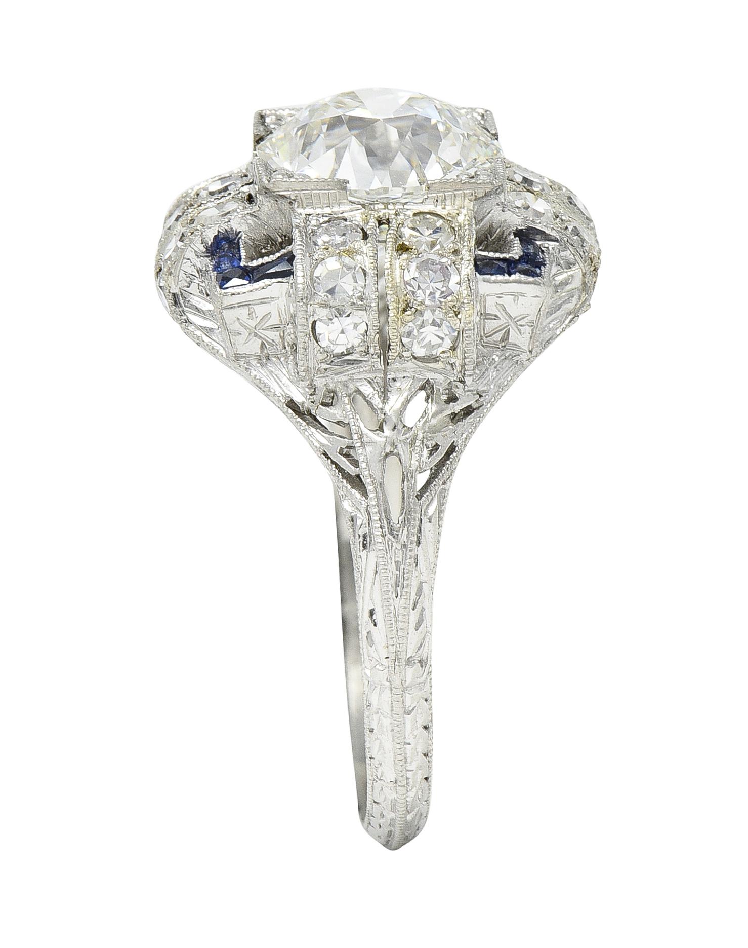 Art Deco 2.35 CTW Diamond Sapphire Platinum Foliate Quatrefoil Engagement Ring For Sale 7