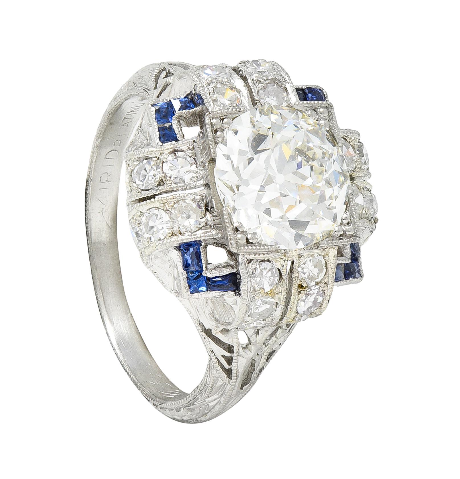 Art Deco 2.35 CTW Diamond Sapphire Platinum Foliate Quatrefoil Engagement Ring For Sale 8