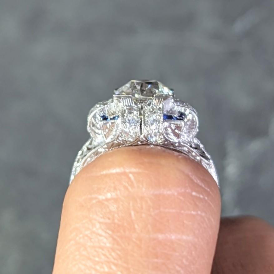 Art Deco 2.35 CTW Diamond Sapphire Platinum Foliate Quatrefoil Engagement Ring For Sale 9