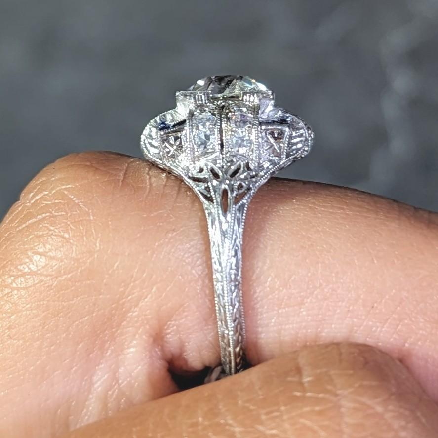 Art Deco 2.35 CTW Diamond Sapphire Platinum Foliate Quatrefoil Engagement Ring For Sale 10
